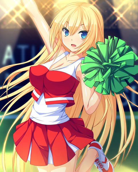 Anime picture 640x800 with original aocchi single long hair tall image looking at viewer open mouth blue eyes blonde hair cheerleader girl skirt