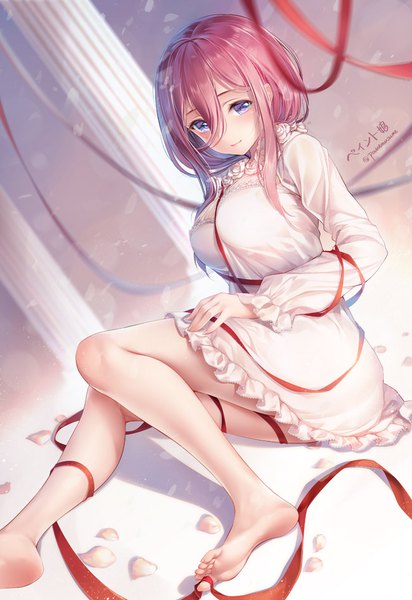 Anime picture 650x945 with go-toubun no hanayome nakano miku paint musume single long hair tall image looking at viewer blush fringe breasts blue eyes hair between eyes sitting signed payot pink hair full body bent knee (knees) barefoot bare legs