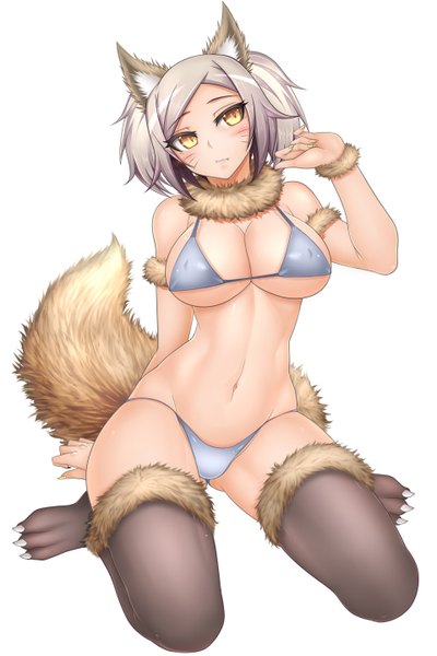 Anime picture 960x1440 with original oni-noboru single tall image blush short hair breasts light erotic simple background large breasts white background animal ears yellow eyes looking away tail animal tail grey hair erect nipples facial mark covered nipples