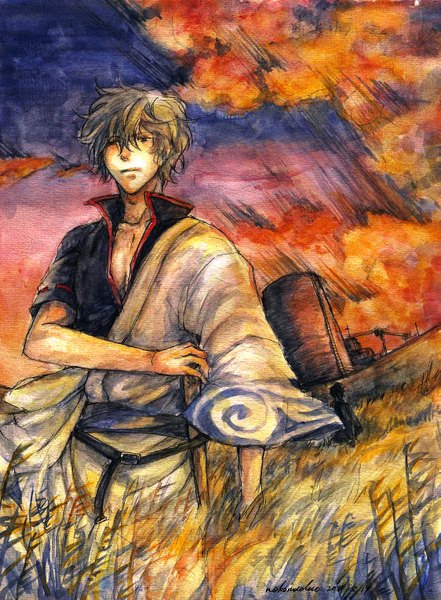 Anime picture 1123x1528 with gintama sunrise (studio) sakata gintoki nekomadao single tall image looking at viewer short hair signed sky cloud (clouds) traditional clothes field boy plant (plants) grass