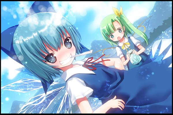 Anime picture 1288x863 with touhou cirno daiyousei kiira blush short hair open mouth smile multiple girls blue hair aqua eyes green hair one side up insect wings butterfly wings girl dress bow ribbon (ribbons) 2 girls