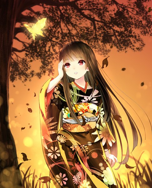 Anime picture 765x941 with hell girl studio deen enma ai yasuyuki single tall image fringe red eyes brown hair standing outdoors traditional clothes parted lips japanese clothes wind blurry wide sleeves from below lens flare floral print