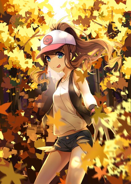 Anime picture 1416x2000 with pokemon pokemon black and white nintendo hilda (pokemon) transistor (poppy) single long hair tall image looking at viewer highres blue eyes smile brown hair ponytail girl plant (plants) tree (trees) shorts tongue leaf (leaves)