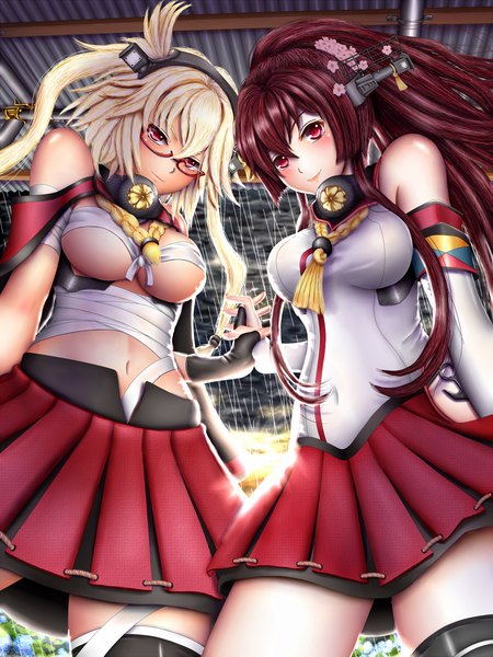 Anime picture 900x1200 with kantai collection yamato super battleship musashi super battleship redoredo (godprogress) long hair tall image short hair breasts light erotic blonde hair smile red eyes brown hair large breasts bare shoulders multiple girls ponytail hair flower light smile from below