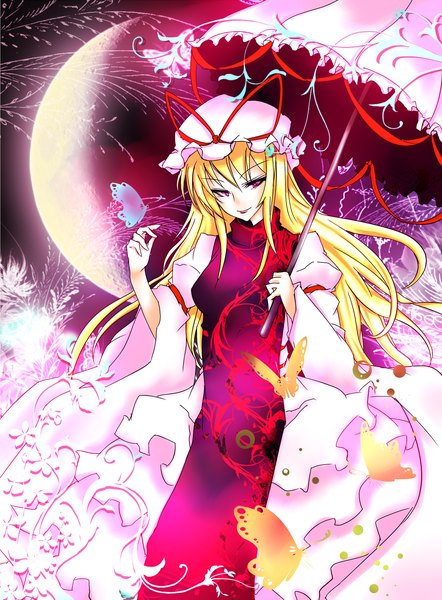Anime picture 1400x1900 with touhou yakumo yukari acryl (artist) single tall image highres short hair blonde hair red eyes girl dress insect butterfly umbrella bonnet