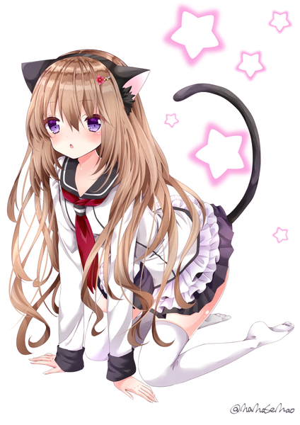 Anime picture 800x1131 with original nanase nao single long hair tall image looking at viewer blush brown hair white background purple eyes animal ears tail animal tail cat ears arm support cat girl cat tail no shoes fake animal ears on all fours