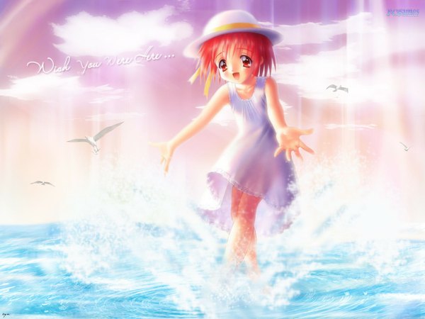 Anime picture 1600x1200 with to heart kamigishi akari goto p single blush fringe short hair open mouth red eyes standing sky cloud (clouds) outdoors red hair sunlight partially submerged happy horizon outstretched hand girl