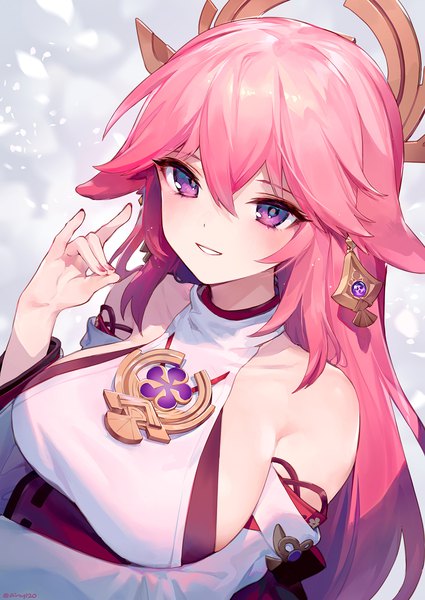 Anime-Bild 1200x1694 mit genshin impact yae miko ainy single long hair tall image fringe breasts light erotic smile hair between eyes large breasts purple eyes pink hair upper body from above sideboob fox shadow puppet girl detached sleeves