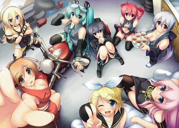 Anime picture 1000x714 with black rock shooter vocaloid utau hatsune miku megurine luka kagamine rin black rock shooter (character) meiko lily (vocaloid) yowane haku kasane teto massan long hair blush short hair breasts open mouth blue eyes light erotic black hair