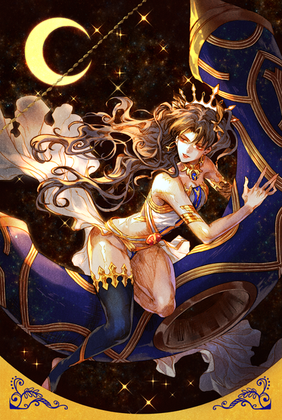 Anime picture 969x1443 with fate (series) fate/grand order ishtar (fate) kkuwa single long hair tall image fringe light erotic black hair hair between eyes red eyes sitting bare shoulders holding looking away full body parted lips night sparkle