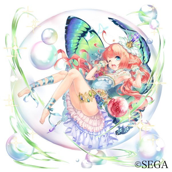 Anime picture 1500x1500 with the world end eclipse sega mito itsuki single long hair looking at viewer open mouth blue eyes light erotic white background red hair eyes closed one eye closed barefoot pointy ears official art bare legs sleeveless insect wings butterfly wings
