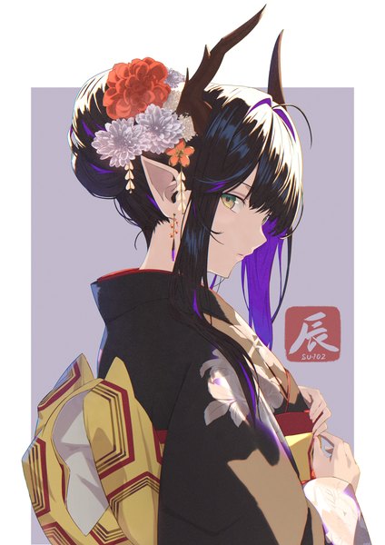 Anime picture 3638x5153 with original su-102 single tall image looking at viewer fringe highres short hair simple background green eyes signed absurdres upper body ahoge traditional clothes japanese clothes profile multicolored hair hair flower horn (horns)