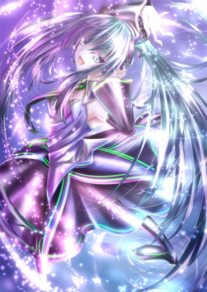Anime picture 710x1000 with vocaloid hatsune miku akeyama kitsune single tall image looking at viewer fringe open mouth simple background smile hair between eyes standing twintails full body very long hair :d aqua eyes aqua hair arms up alternate costume