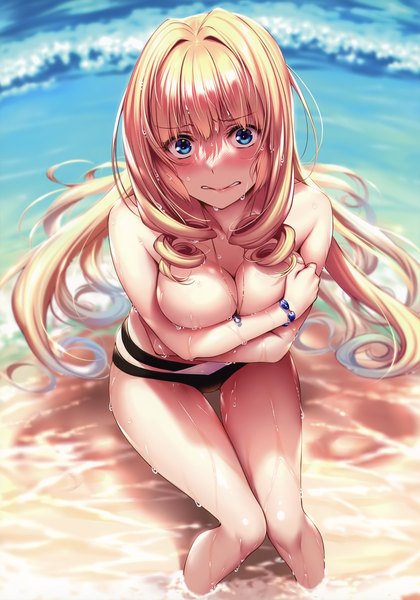 Anime picture 2520x3600 with hanikami kanojo shoudou erena piromizu single long hair tall image looking at viewer blush fringe highres breasts blue eyes light erotic blonde hair large breasts bare shoulders payot cleavage outdoors blunt bangs