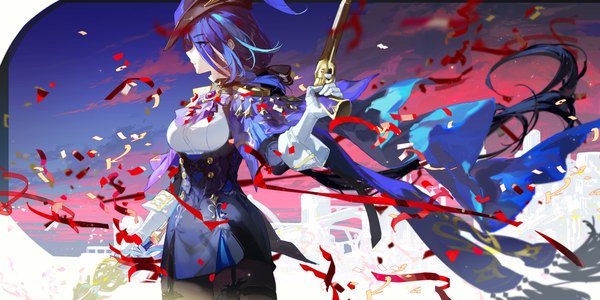 Anime picture 6473x3240 with genshin impact clorinde (genshin impact) rafaelaaa single long hair fringe highres wide image standing looking away absurdres purple hair profile hair over one eye low ponytail expressionless girl gloves weapon hat
