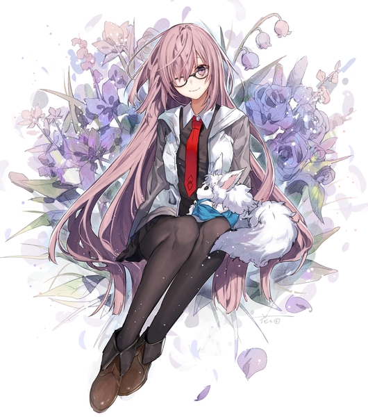 Anime picture 1008x1140 with fate (series) fate/grand order mash kyrielight fou (fate) hanagata single tall image looking at viewer fringe smile white background sitting purple eyes signed purple hair full body very long hair one eye closed wink hair over one eye