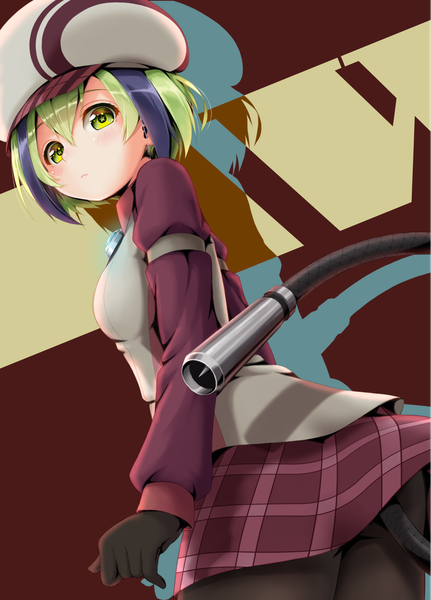 Anime picture 1151x1600 with dimension w yurizaki mira hane yoshiyumi single tall image blush fringe short hair simple background hair between eyes green eyes payot blue hair ass tail long sleeves multicolored hair green hair two-tone hair from below
