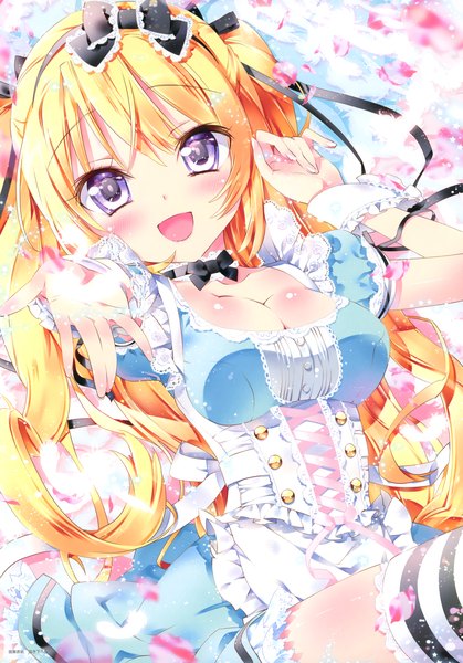 Anime picture 2446x3500 with kamiya maneki long hair tall image blush highres open mouth blonde hair purple eyes scan girl thighhighs dress bow hair bow petals striped thighhighs
