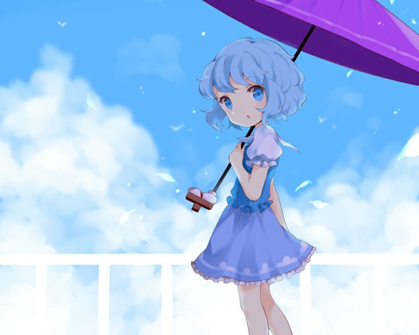 Anime picture 1000x800 with touhou tatara kogasa hillly (maiwetea) single looking at viewer short hair open mouth blue eyes blue hair sky cloud (clouds) wind girl leaf (leaves) umbrella