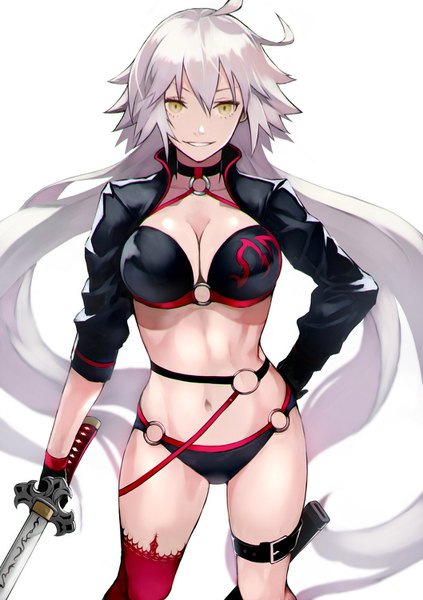 Anime picture 1058x1500 with fate (series) fate/grand order jeanne d'arc (fate) (all) jeanne d'arc alter (fate) jeanne d'arc alter (swimsuit berserker) (fate) yoshio (55level) single tall image looking at viewer fringe breasts light erotic simple background smile hair between eyes large breasts white background yellow eyes silver hair ahoge