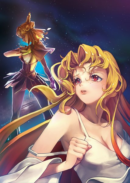 Anime picture 800x1125 with bishoujo senshi sailor moon toei animation sailor galaxia matsuki ringo long hair tall image fringe breasts blonde hair smile red eyes multiple girls signed looking away sky cleavage lips from behind alternate costume legs