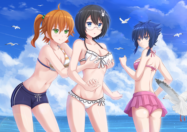 Anime picture 1336x945 with original kazenokaze blush short hair breasts open mouth blue eyes light erotic black hair brown hair multiple girls green eyes blue hair sky cloud (clouds) side ponytail breast grab girl navel swimsuit