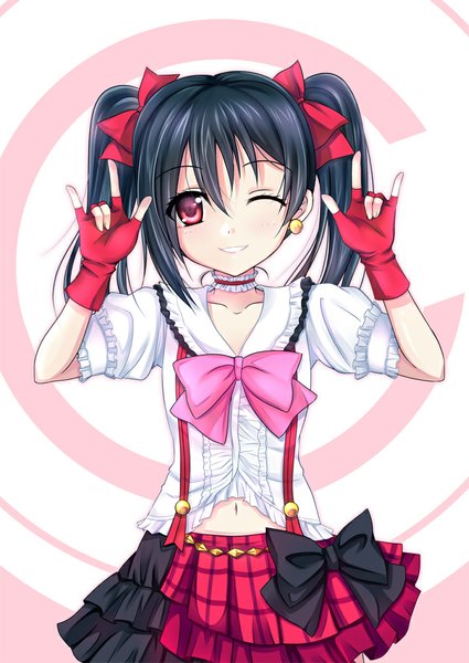 Anime picture 717x1012 with love live! school idol project sunrise (studio) love live! yazawa nico amano yuki single long hair tall image looking at viewer black hair smile red eyes twintails one eye closed wink mmm girl dress gloves bow