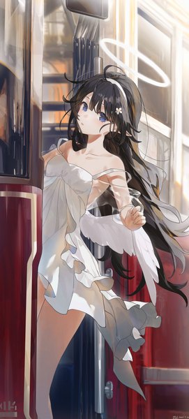 Anime picture 2762x6104 with original swkl:d single long hair tall image looking at viewer fringe highres blue eyes black hair standing signed outdoors parted lips wind pointy ears dated strap slip angel wings white wings