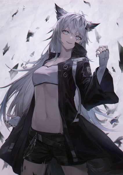 Anime picture 2894x4093 with arknights lappland (arknights) shichi (ratorin53) single long hair tall image looking at viewer fringe highres open mouth hair between eyes standing animal ears silver hair head tilt :d wide sleeves open jacket teeth midriff