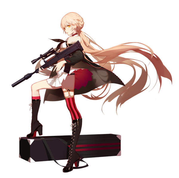 Anime picture 1000x992 with girls frontline ots-14 (girls frontline) ask (askzy) single light erotic blonde hair holding yellow eyes looking away full body very long hair parted lips profile pleated skirt lacing skirt flip asymmetrical legwear wind lift girl thighhighs