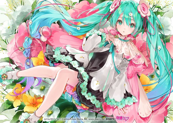 Anime picture 900x637 with vocaloid magical mirai (vocaloid) hatsune miku magical mirai miku magical mirai miku (2021) dsmile single looking at viewer blush fringe hair between eyes twintails signed payot bent knee (knees) braid (braids) very long hair multicolored hair hair flower aqua eyes