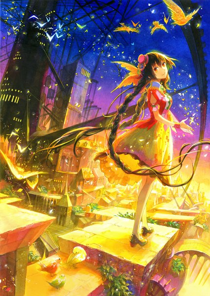 Anime picture 712x1000 with original fuumi (radial engine) single tall image looking at viewer smile brown hair yellow eyes braid (braids) very long hair looking back twin braids city evening sunset cityscape girl dress plant (plants) hat