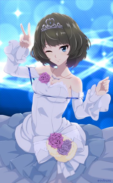 Anime picture 1000x1615 with idolmaster idolmaster cinderella girls takagaki kaede infinote single tall image looking at viewer short hair blue eyes smile brown hair bare shoulders one eye closed arm up wink mole mole under eye victory cosplay rei no himo