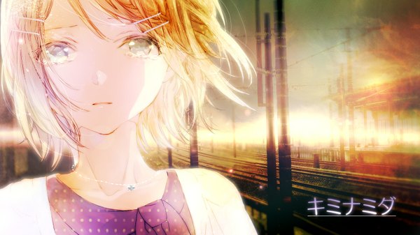 Anime picture 1600x900 with vocaloid kagamine rin ebisu kana single looking at viewer short hair blonde hair wide image sky wind sunlight tears hieroglyph girl hair ornament pendant bobby pin jewelry railways railroad tracks