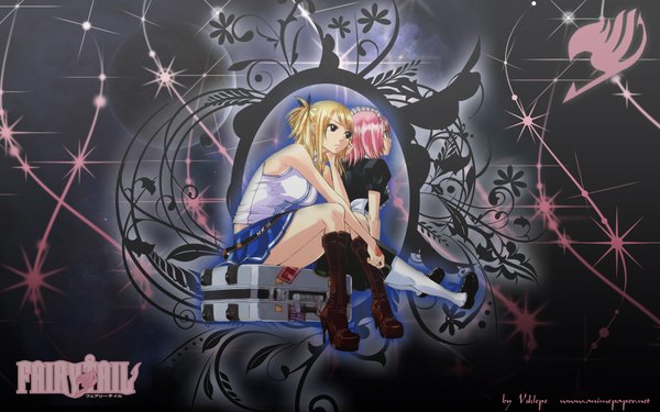 Anime picture 1920x1200 with fairy tail lucy heartfilia virgo (fairy tail) long hair fringe highres short hair breasts blonde hair wide image large breasts sitting bare shoulders multiple girls signed payot looking away pink hair full body profile
