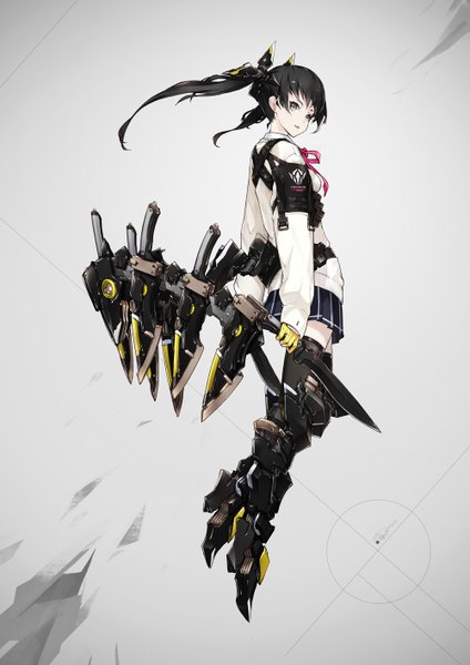 Anime picture 1000x1414 with original yucca-612 (neco) single long hair tall image looking at viewer twintails brown eyes pleated skirt zettai ryouiki turning head weightlessness mecha musume girl thighhighs skirt gloves uniform weapon black thighhighs