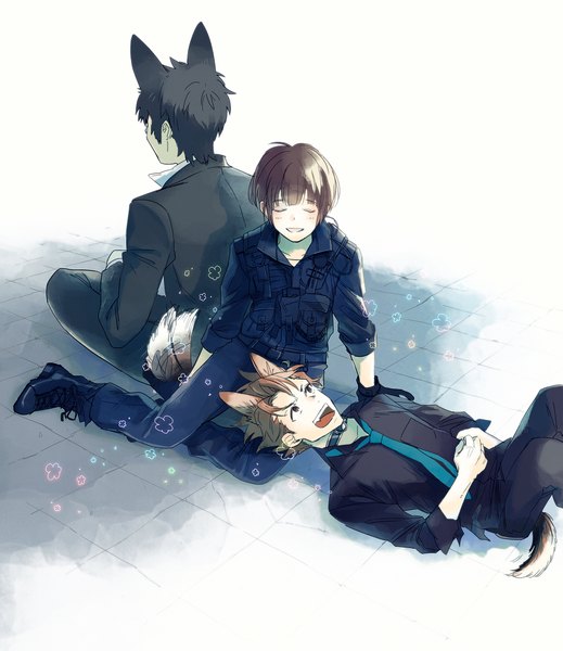 Anime picture 1731x2000 with psycho-pass production i.g kougami shin'ya tsunemori akane shuusei kagari nazsan tall image blush highres short hair open mouth black hair smile brown hair brown eyes eyes closed animal tail multiple boys dog ears boy