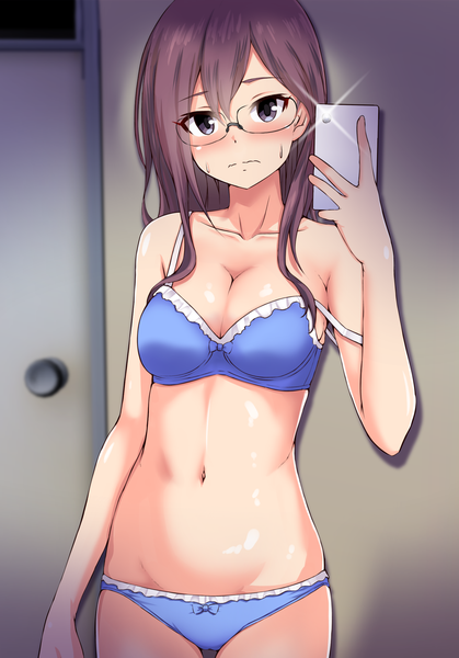 Anime picture 1500x2150 with idolmaster idolmaster cinderella girls idolmaster cinderella girls starlight stage yagami makino kuroi k-ta single long hair tall image looking at viewer blush fringe breasts light erotic hair between eyes standing purple eyes bare shoulders holding payot purple hair