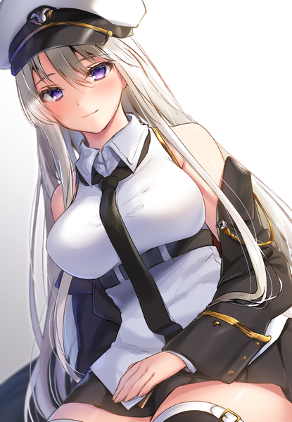 Anime picture 1452x2097 with azur lane enterprise (azur lane) navy (navy.blue) single long hair tall image looking at viewer blush fringe breasts simple background hair between eyes white background purple eyes bare shoulders silver hair pleated skirt off shoulder open clothes dutch angle