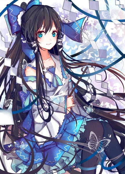 Anime picture 953x1327 with touhou hakurei reimu akira (ying) single tall image looking at viewer blush fringe black hair sitting holding payot bent knee (knees) ponytail very long hair traditional clothes japanese clothes aqua eyes wide sleeves floating hair
