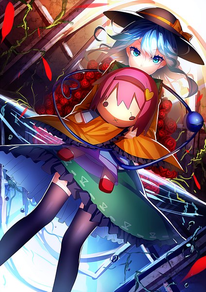 Anime picture 2000x2828 with touhou komeiji koishi komeiji satori uu uu zan long hair tall image looking at viewer highres blue eyes blue hair girl thighhighs dress flower (flowers) black thighhighs hat petals rose (roses) bubble (bubbles) eyeball