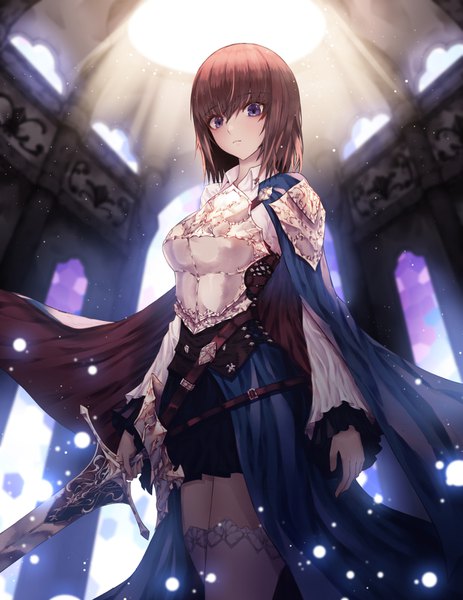 Anime picture 1235x1600 with original dlwhdals901 single tall image looking at viewer blush fringe short hair breasts hair between eyes brown hair standing purple eyes holding long sleeves pleated skirt blurry wide sleeves from below light