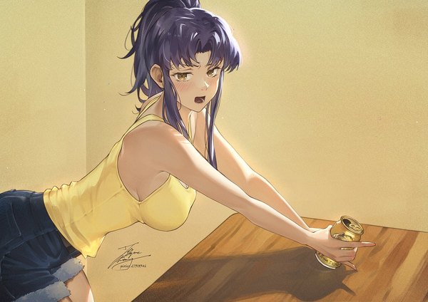 Anime picture 1500x1061 with neon genesis evangelion gainax yebisu katsuragi misato fadingz single long hair looking at viewer blush fringe breasts open mouth light erotic large breasts standing bare shoulders holding signed yellow eyes payot