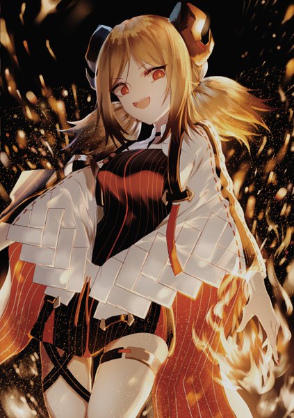 Anime picture 1748x2480 with arknights ifrit (arknights) ranol single long hair tall image highres open mouth blonde hair red eyes standing twintails horn (horns) low twintails girl thigh strap flame
