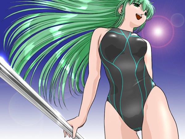 Anime picture 1024x768 with long hair green eyes green hair from below swimsuit competition swimsuit pole ikuta kaoru