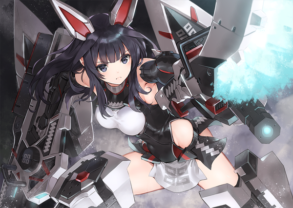 Anime picture 1000x712 with alice gear aegis agatsuma kaede paseri single long hair looking at viewer blush fringe breasts light erotic black hair holding animal ears payot blunt bangs black eyes floating hair outstretched arm covered navel mecha musume