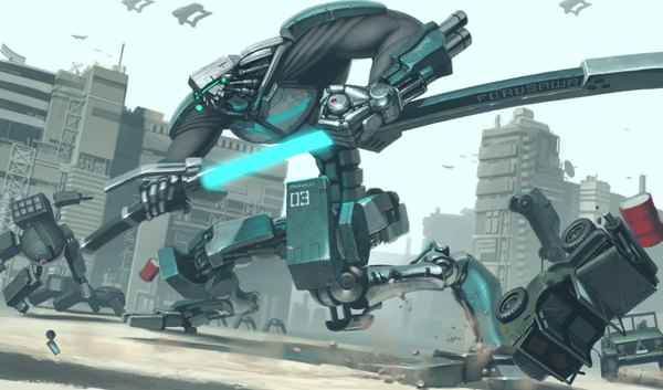 Anime-Bild 3447x2032 mit original reishin highres wide image absurdres sky no people weapon sword building (buildings) ground vehicle car robot mecha