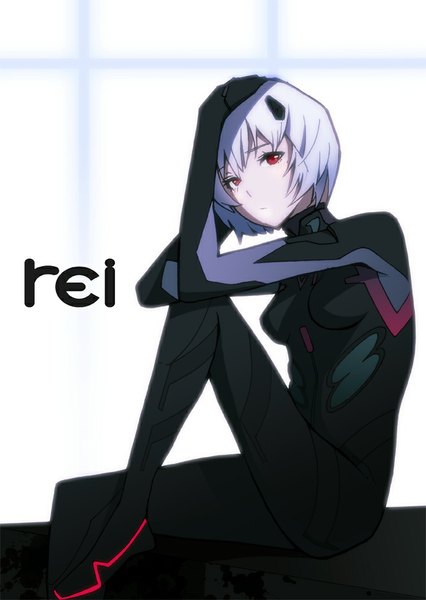 Anime picture 696x981 with neon genesis evangelion rebuild of evangelion evangelion: 3.0 you can (not) redo gainax ayanami rei kazufumi (kaz-newt) single tall image looking at viewer fringe short hair red eyes white background sitting blue hair bent knee (knees) character names girl bodysuit pilot suit