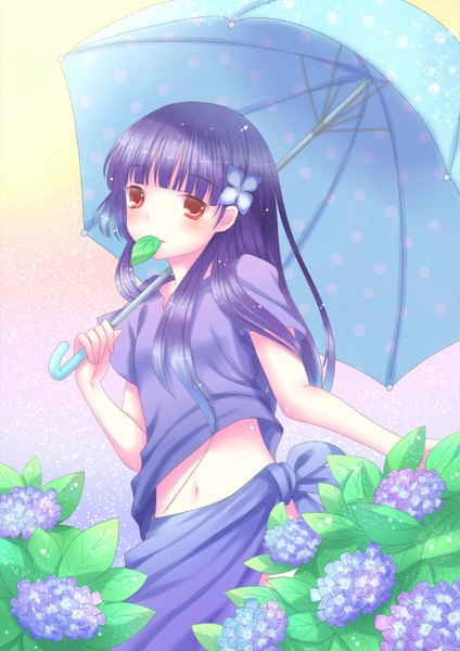 Anime picture 1000x1414 with sankarea studio deen sanka rea single tall image looking at viewer blush fringe standing holding brown eyes purple hair hair flower shiny skin mouth hold girl navel hair ornament flower (flowers) leaf (leaves)