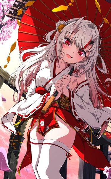 Anime picture 2559x4096 with virtual youtuber hololive nakiri ayame fumi (fumibeing) single long hair tall image looking at viewer highres breasts open mouth smile red eyes white hair traditional clothes japanese clothes multicolored hair horn (horns) alternate costume streaked hair
